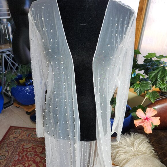 Davi & Dani Boho Sheer Pearl & rhinestone Longline Kimono Duster Cover Up 2X - Picture 5 of 15